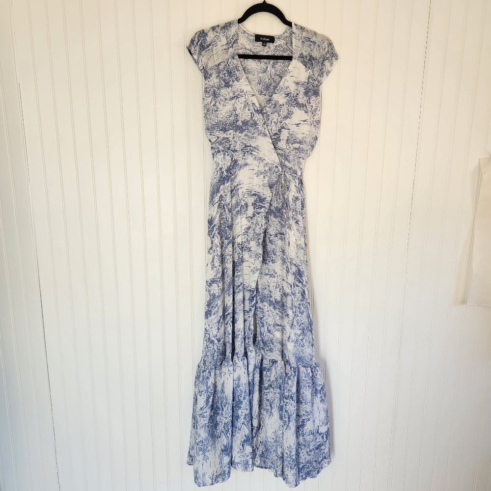AAKAA Blue White Toile Classic Print Wrap Maxi Tiered Dress Small